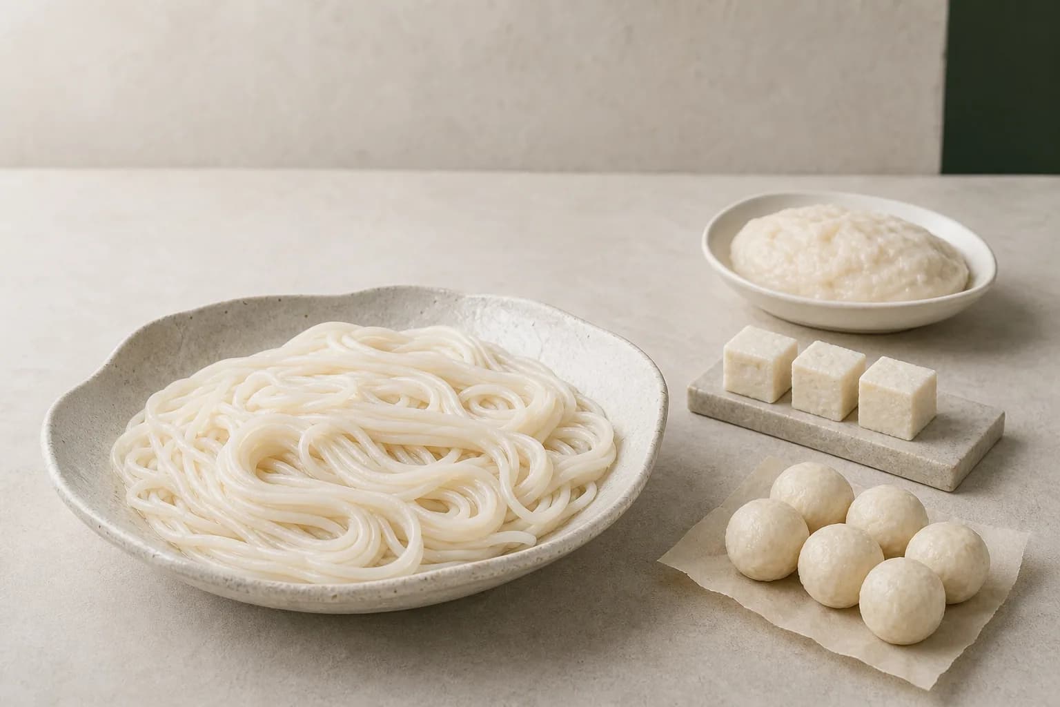 Editorial illustration of Phoenix Golden Tilapia fish noodles, fish paste, fish tofu cubes and fish balls