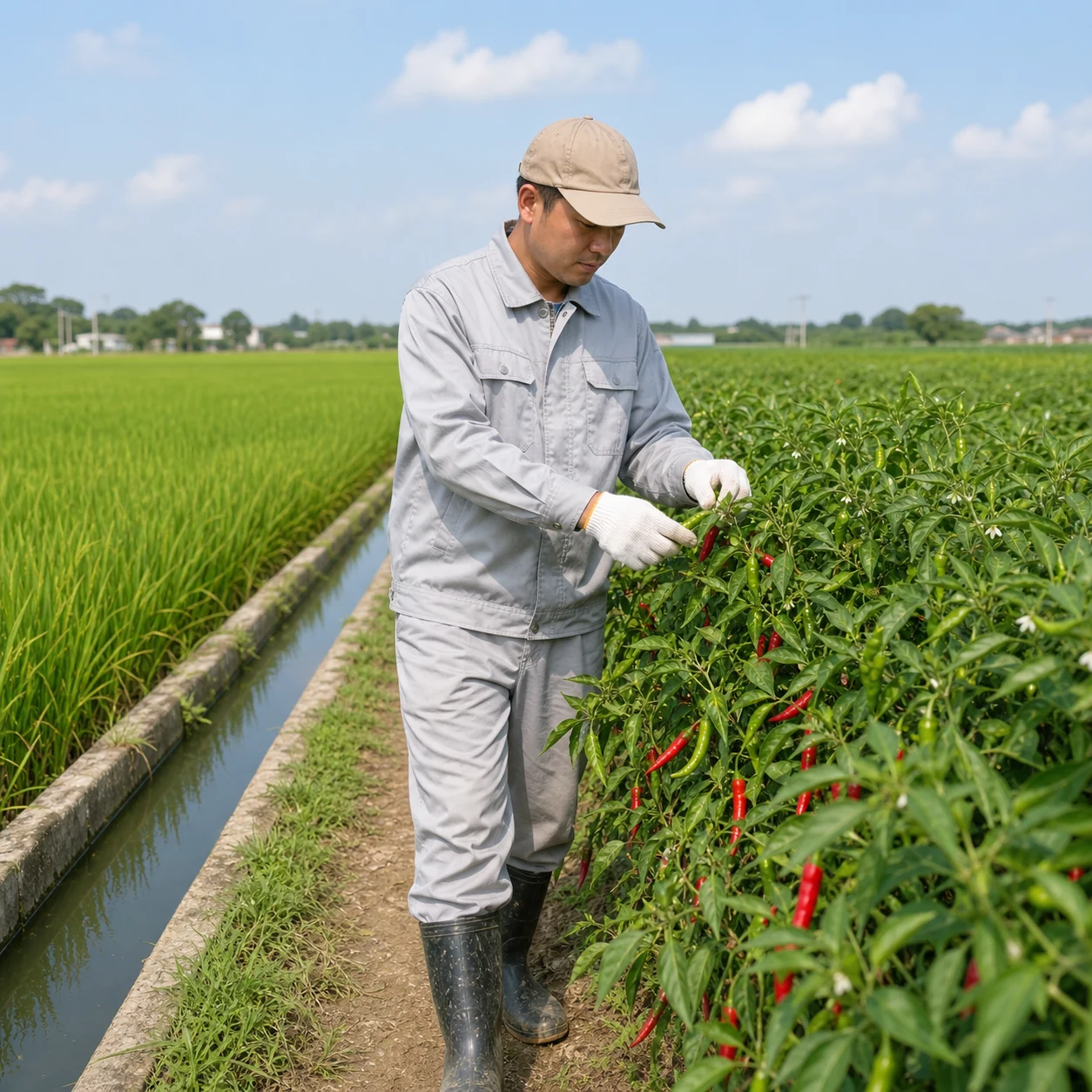 工作人员在水稻田旁巡查辣椒植株